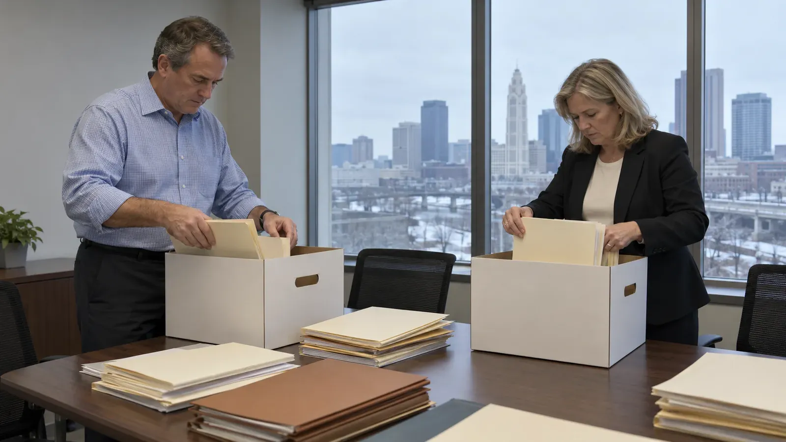 Two business partners in a Columbus office sorting folders of tax returns and contracts into labeled boxes on a conference table