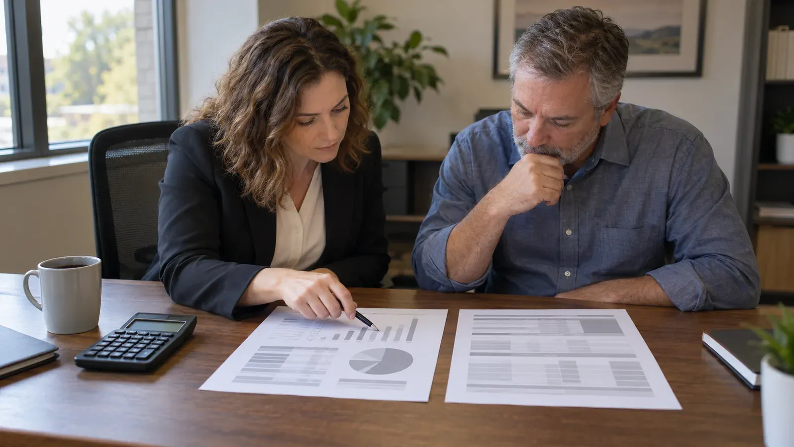 Accountant and company owner comparing two years of financial statements side by side on a desk in a Columbus office
